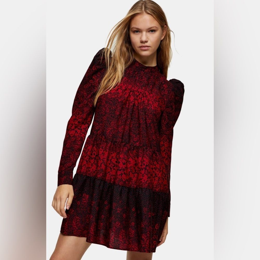 Floral Tiered Long-Sleeve Mini Dress in Red & Black